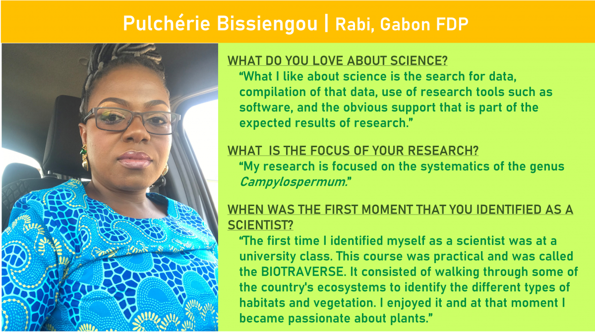 At top: Pulchérie Bissiengou of the Rabi, Gabon FDP.  On left, photo of Pulchérie Bissiengou.  On right, three questions and answers: WHAT DO YOU LOVE ABOUT SCIENCE? “What I like about science is the search for data, compilation of that data, use of research tools such as software, and the obvious support that is part of the expected results of research.”  WHAT  IS THE FOCUS OF YOUR RESEARCH?  “My research is focused on the systematics of the genus Campylospermum.” WHEN WAS THE FIRST MOMENT THAT YOU IDENTIFIED AS A SCIENTIST?  “The first time I identified myself as a scientist was at a university class. This course was practical and was called the BIOTRAVERSE. It consisted of walking through some of the country's ecosystems to identify the different types of habitats and vegetation. I enjoyed it and at that moment I became passionate about plants.” 
